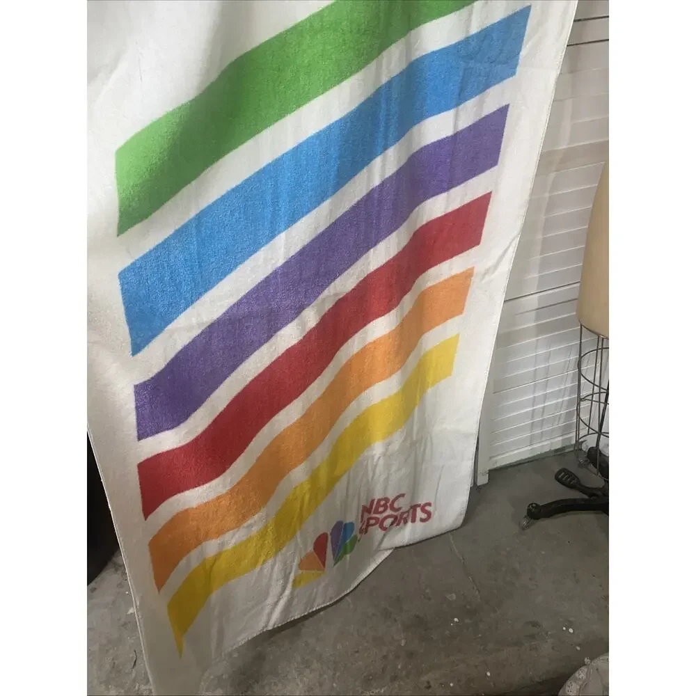 Vintage 90s NBC Sports Cotton BEACH TOWEL Peacock Rainbow 60” X 35.5” Loop Yarn